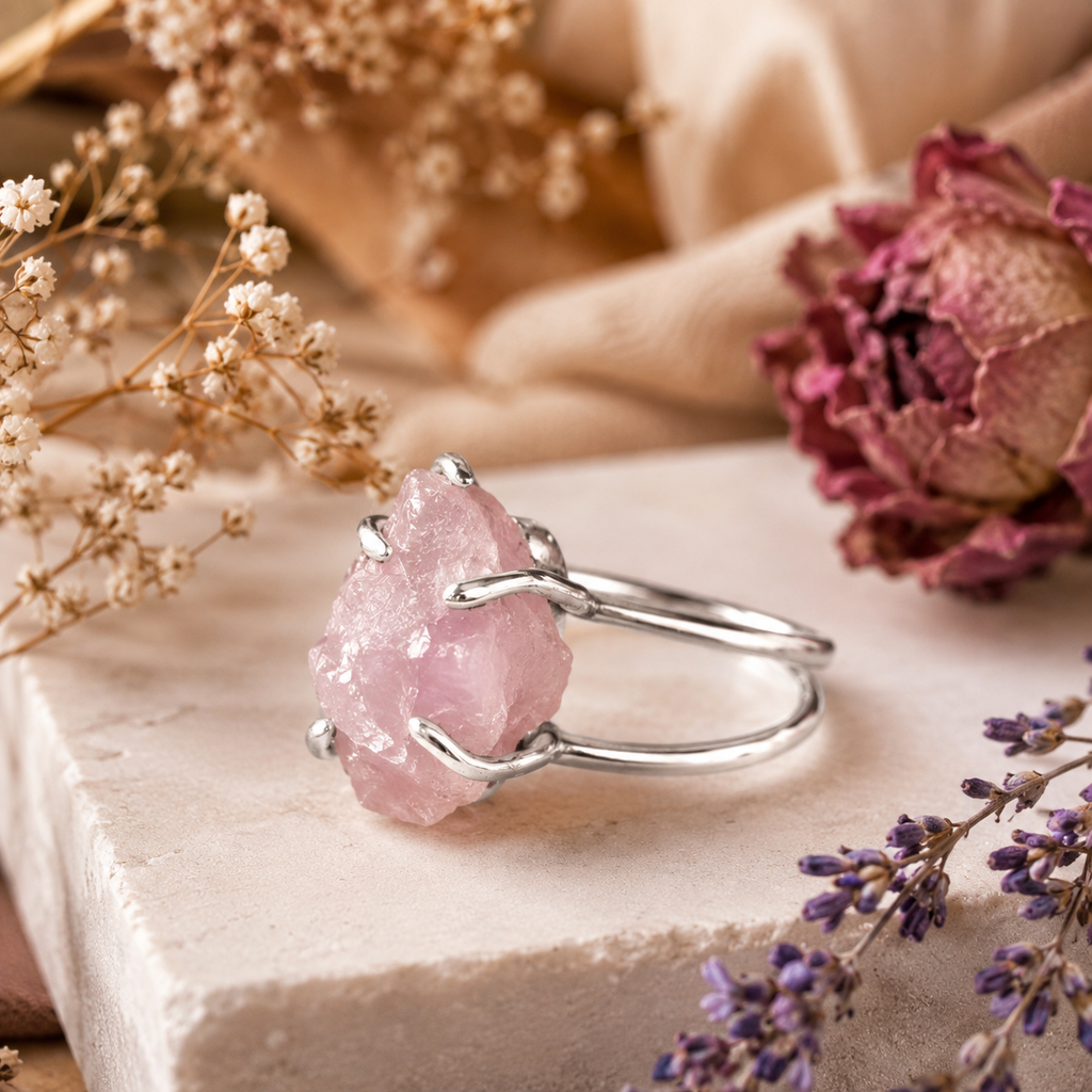 Rose Quartz Ring - Raw Natural Stone Silver Plated Adjustable | Maravillosa