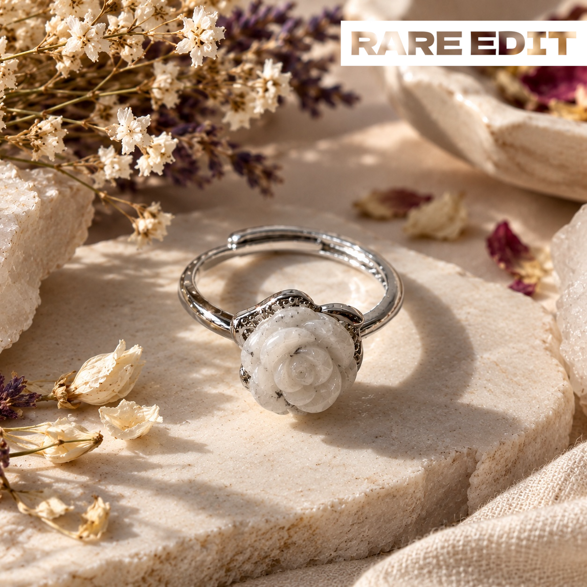 White Jasper Ring - Rose Carved Natural Stone Anti tarnish Adjustable | Serenity