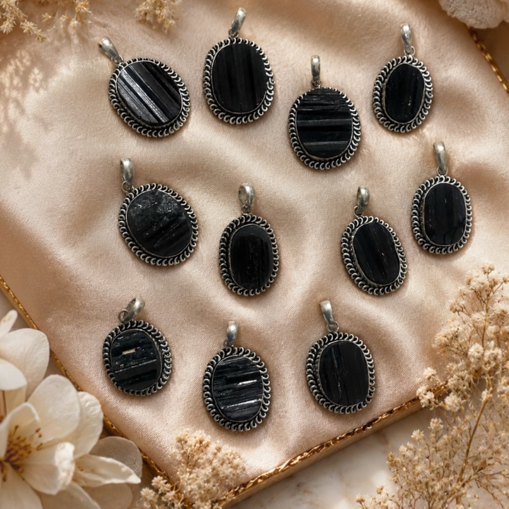 Black Tourmaline Pendant - Raw Natural Stone German Silver Oval Shape (Pack of 44)