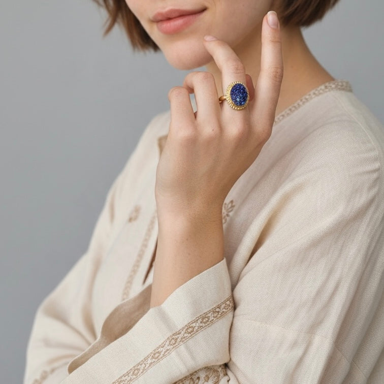 Drusy Agate Ring - Raw Stone Titanium Gold Plated Adjustable Size (3 pcs)
