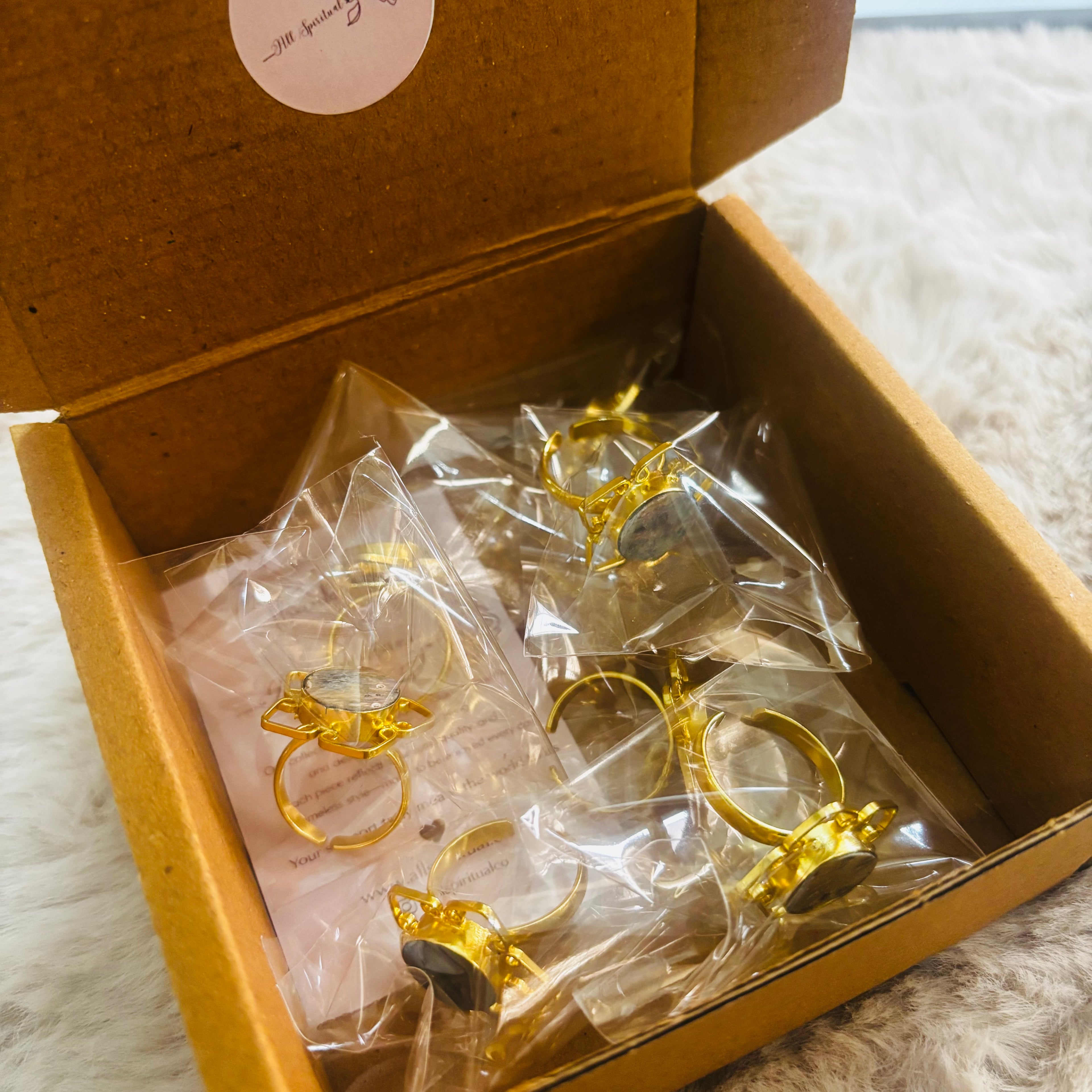 Abalone Shell Floral Ring - Natural Abalone Stone Brass Goldplated Adjustable Size (Pack of 7)