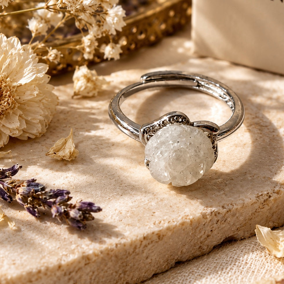 White Jasper Ring - Rose Carved Natural Stone Anti tarnish Adjustable | Serenity