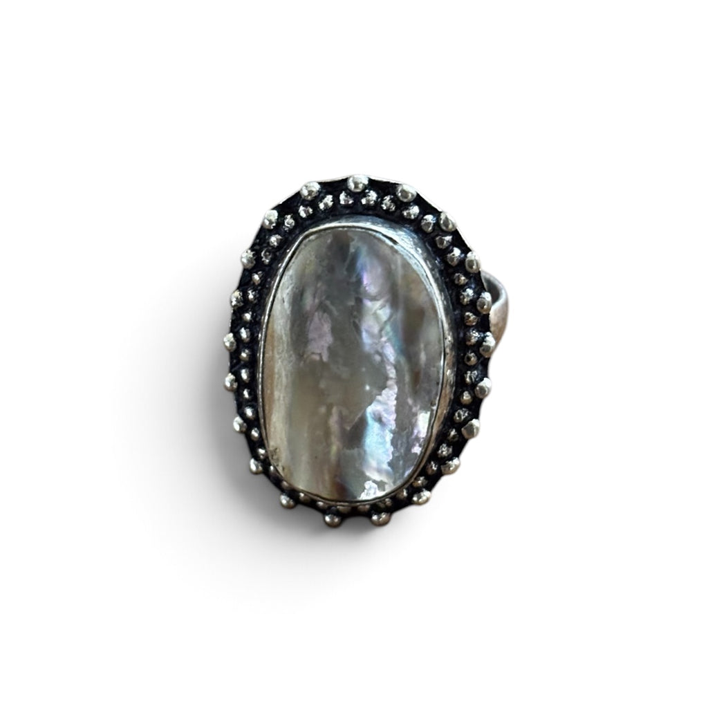 Mother Pearl Ring - Raw Natural Stone Oxidised Silver Plated Adjustable | Brillo