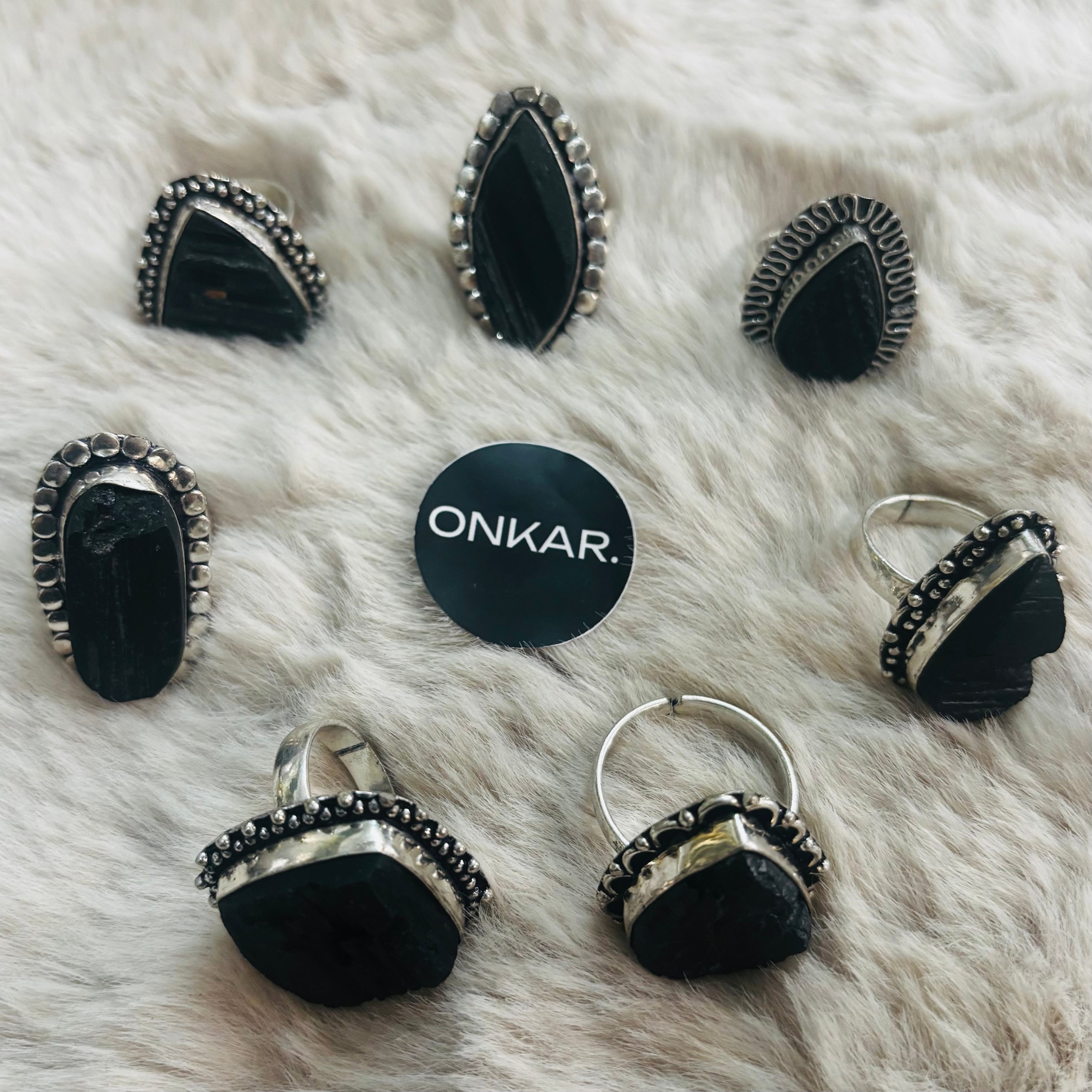 Black Tourmaline Ring - Raw Natural Stone German Silver Adjustable Size Mix Assorted (Pack of 7)