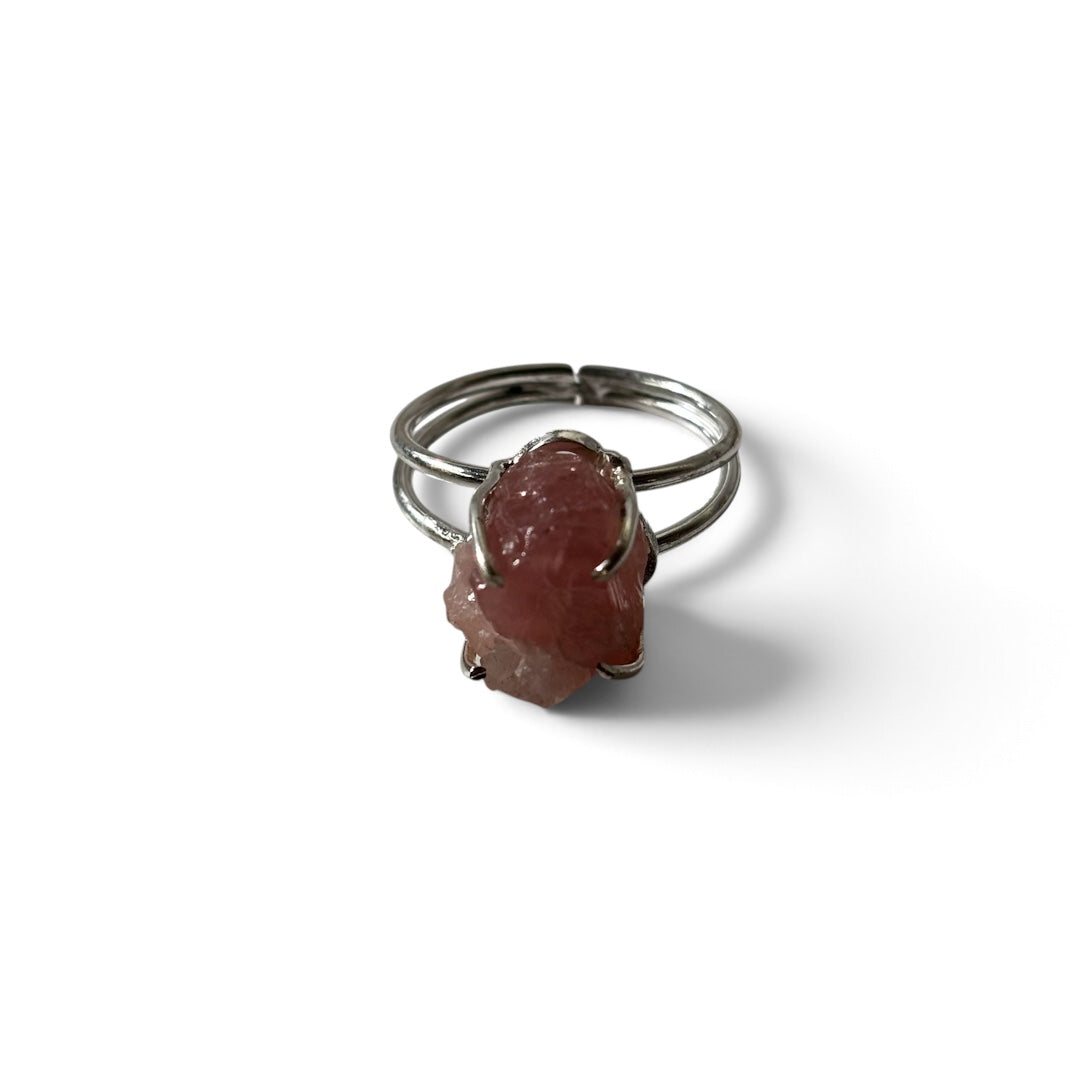 Rose Quartz Ring - Raw Natural Stone Silver Plated Adjustable | Maravillosa