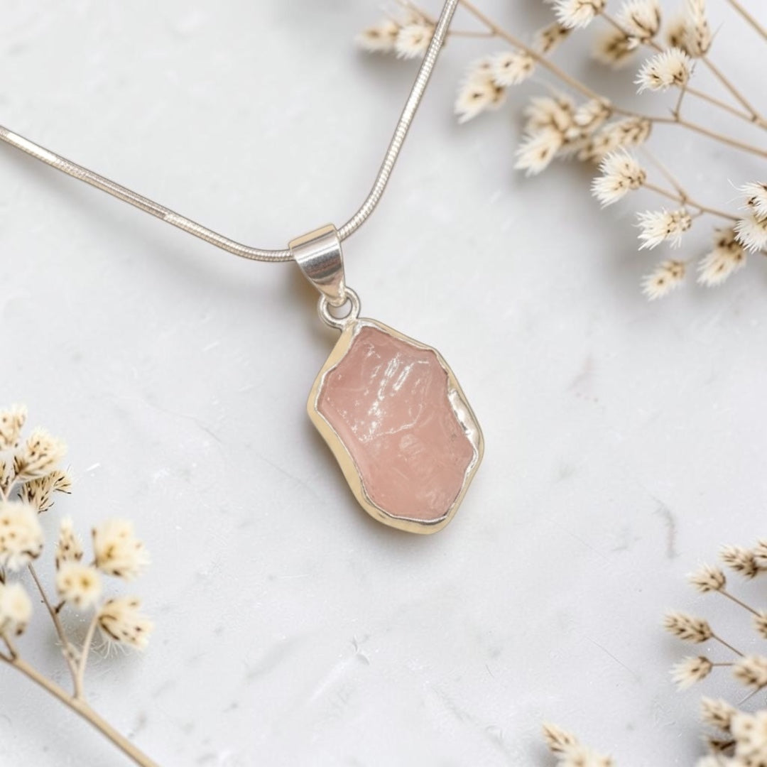 Rose Quartz Pendant - Raw Natural Stone Silver Plated | Brillante