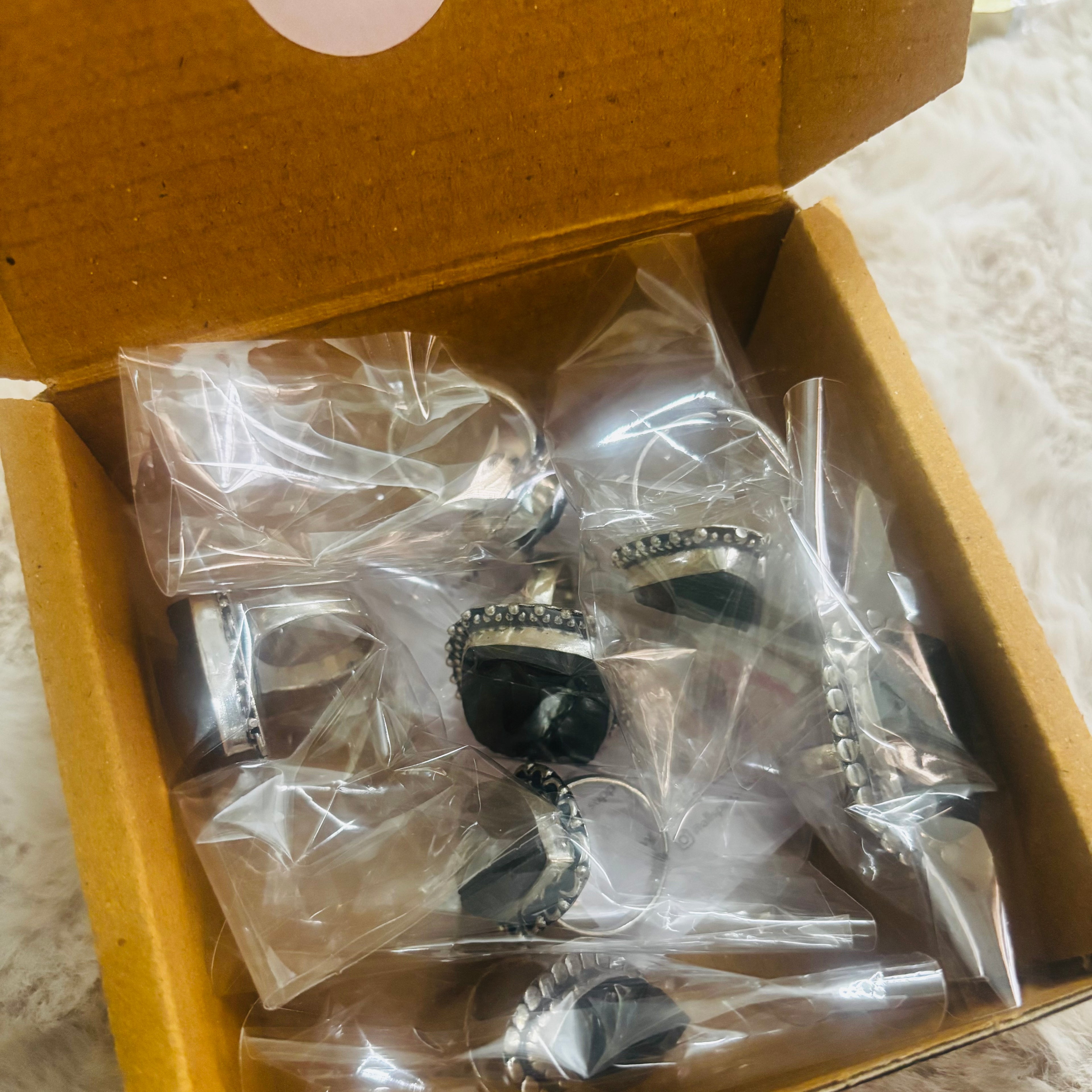 Black Tourmaline Ring - Raw Natural Stone German Silver Adjustable Size Mix Assorted (Pack of 7)