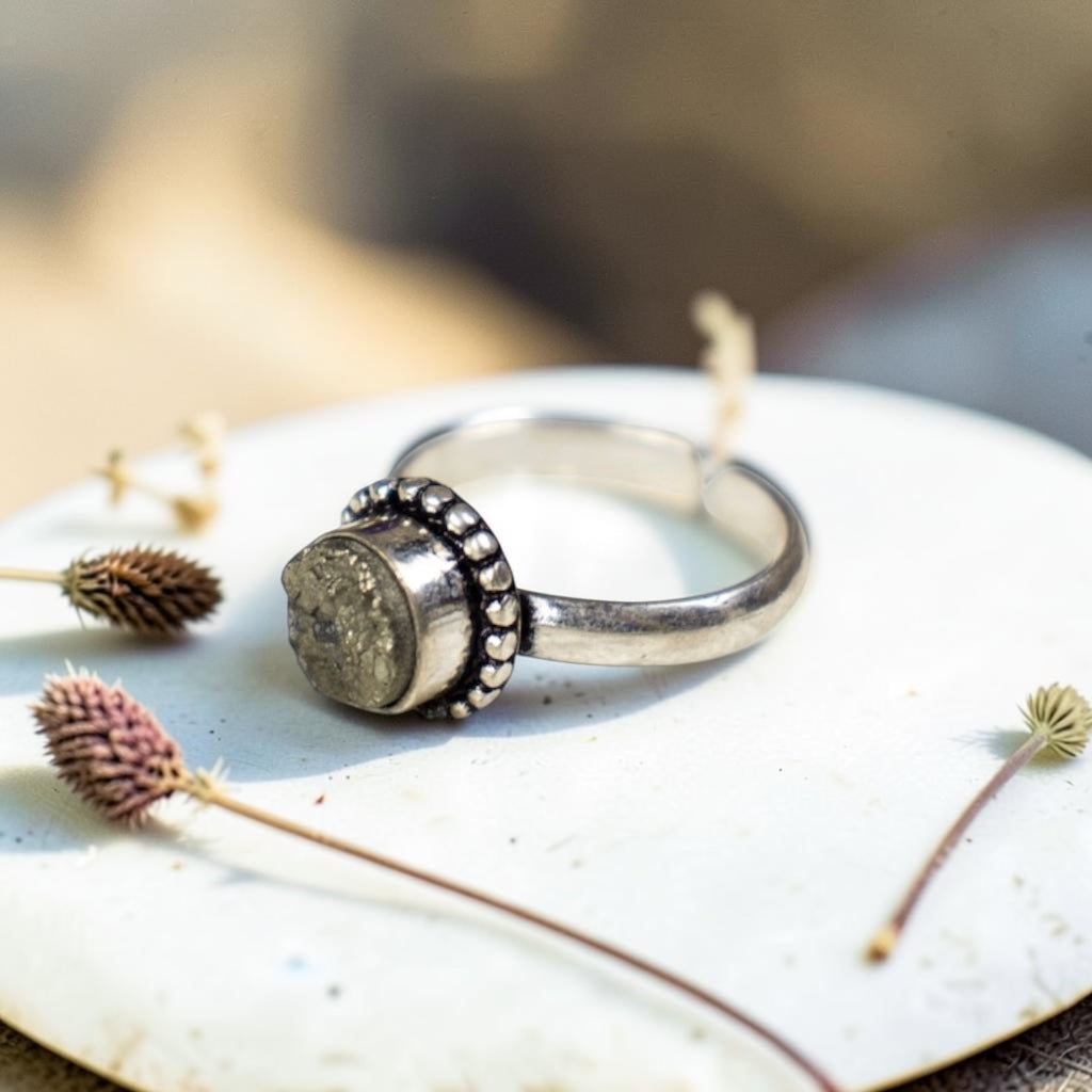 Pyrite Ring - Raw Natural Minimal Stone Silver Plated Adjustable Size (5 pcs)