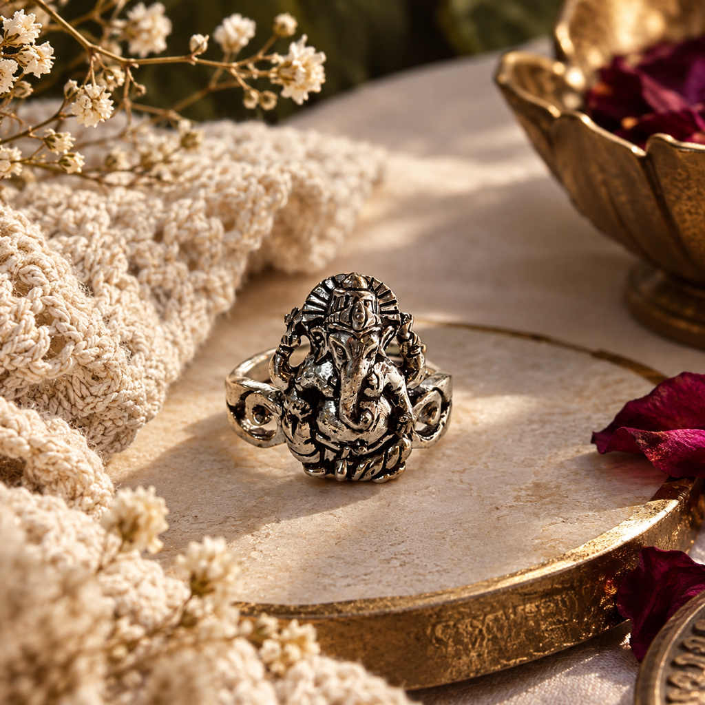 Lord Ganesha Ring - Ganpati Ji Carved Oxidised Adjustable | Sagrado