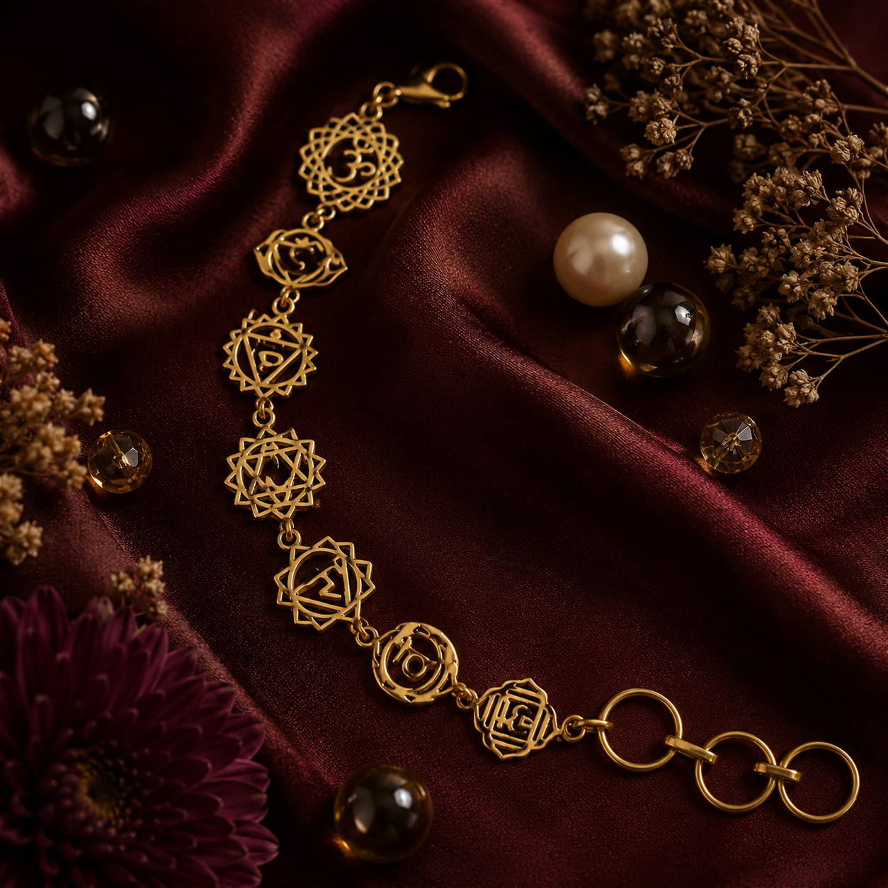 Concious Code Bracelet 03 - Brass Gold Plated Adjustable |Yoga Seven Chakra Symbols Charm