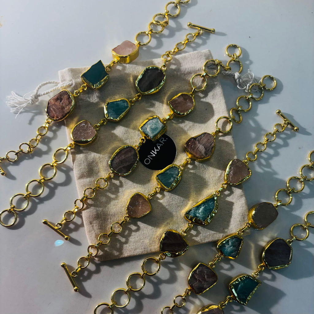 Gemstone Bracelet - Raw Natural Trio Stone Brass Goldplated Adjustable Size (Pack of 7)