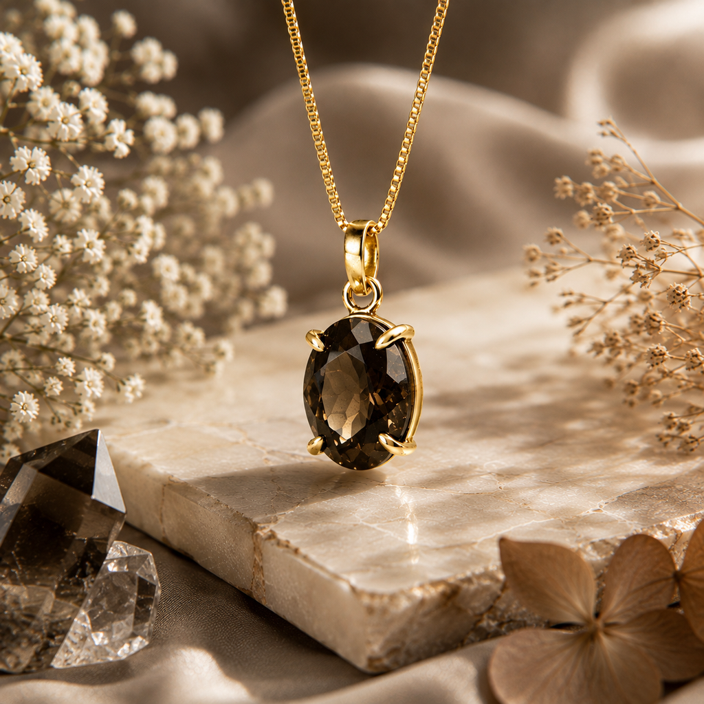 Smoky Quartz Pendant – Faceted Natural Stone Gold Plated | Serena