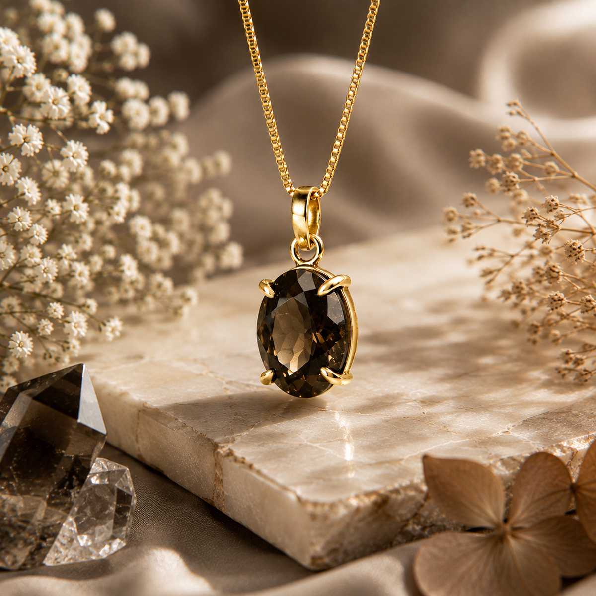 Smoky Quartz Pendant – Faceted Natural Stone Gold Plated | Serena