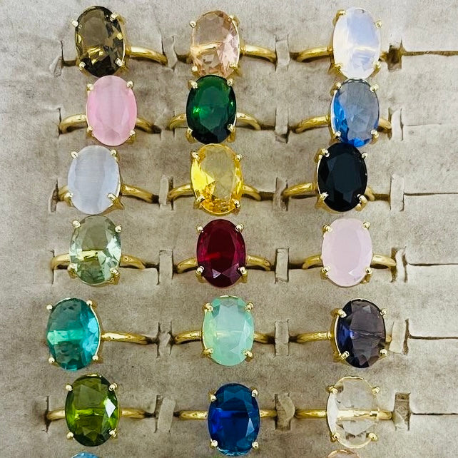 Assorted Crystal Ring – Faceted Oval Natural Stone Adjustable Gold Plated | Serena
