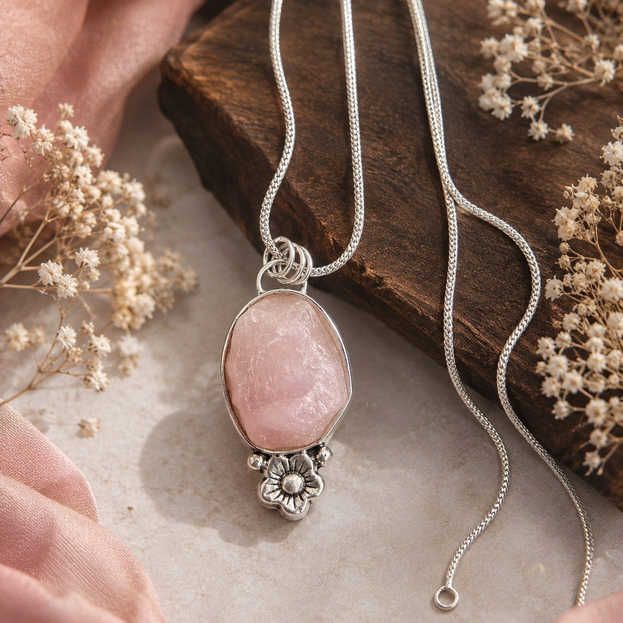 Rose Quartz Pendant - Raw Natural Stone Silver Plated | Florecer