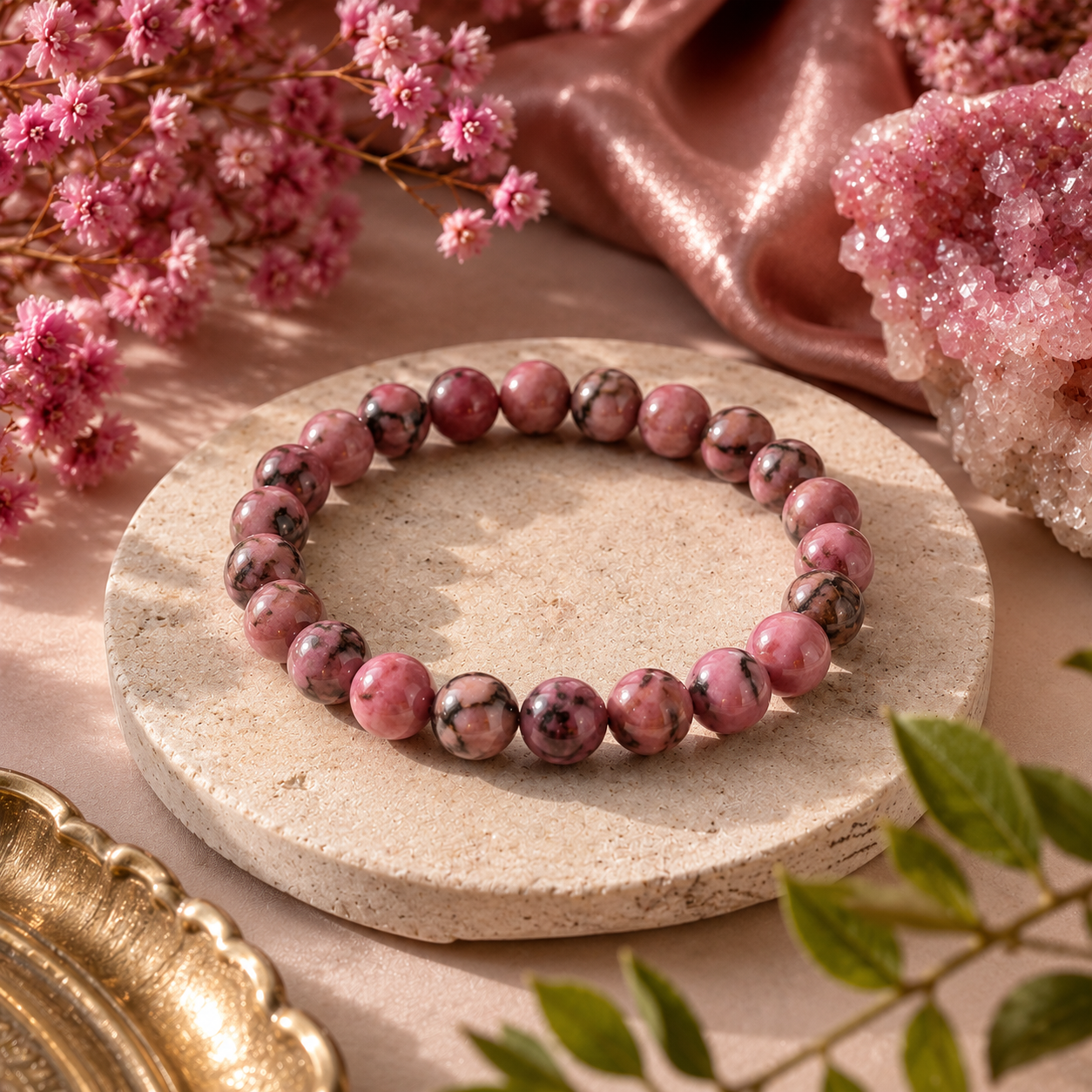 Rhodonite Crystal Bracelet - Original Round | Traditionally Known as the Stone of Compassion