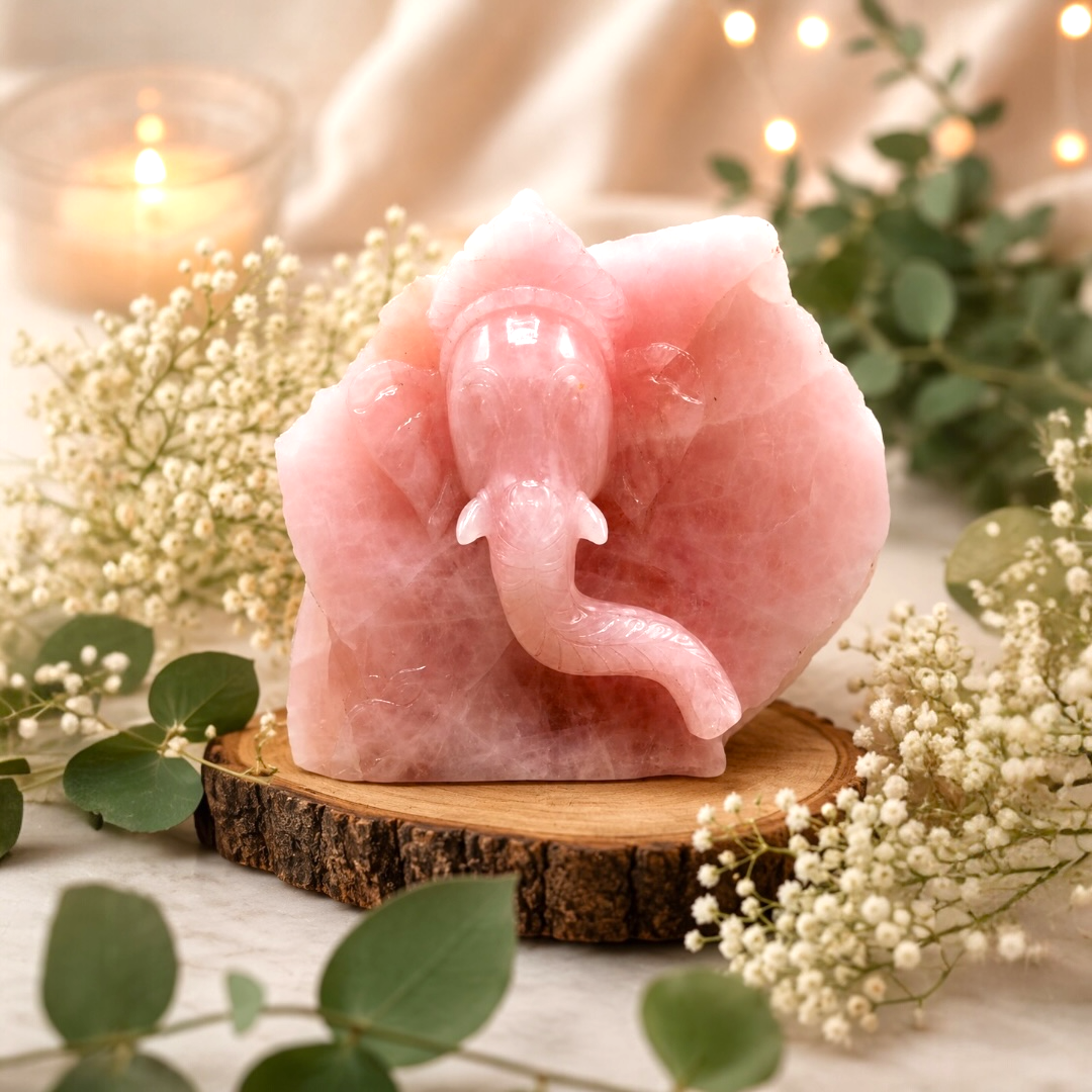 Rose Quartz Ganesha Idol – Natural Crystal Figure | For Sacred Spaces