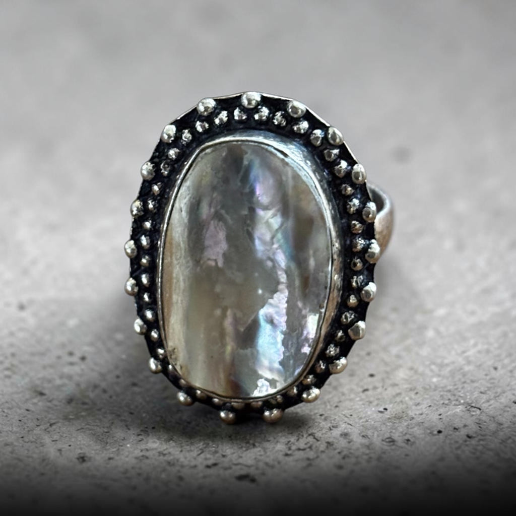 Mother Pearl Ring - Raw Natural Stone Oxidised Silver Plated Adjustable | Brillo