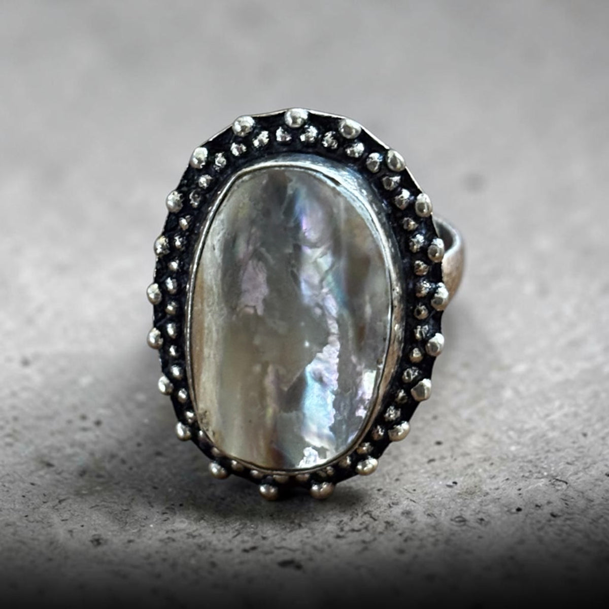 Mother Pearl Ring - Raw Natural Stone Oxidised Silver Plated Adjustable | Brillo