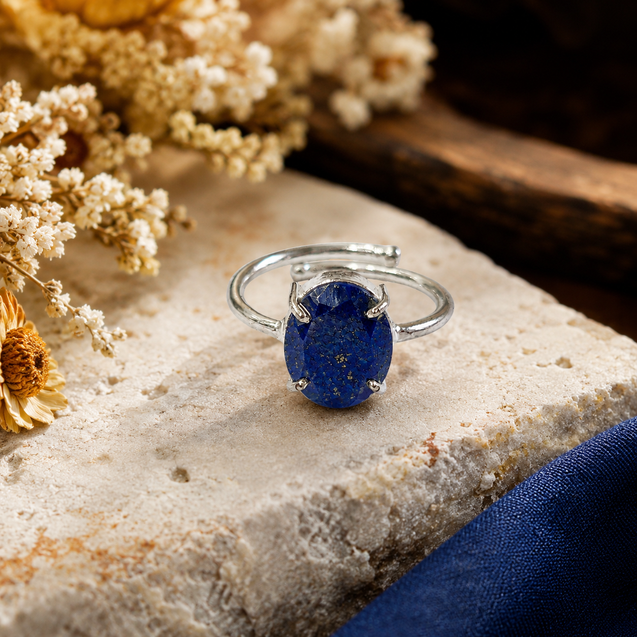 Lapis Lazuli Ring – Faceted Natural Stone Silver Plated Adjustable | Fortuna