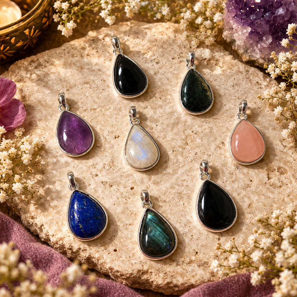 Assorted Crystal Pendant – Drop Shape Natural Stone Silver Plated | Brisa
