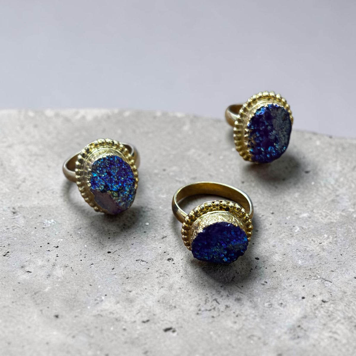 Drusy Agate Ring - Raw Stone Titanium Gold Plated Adjustable Size (3 pcs)