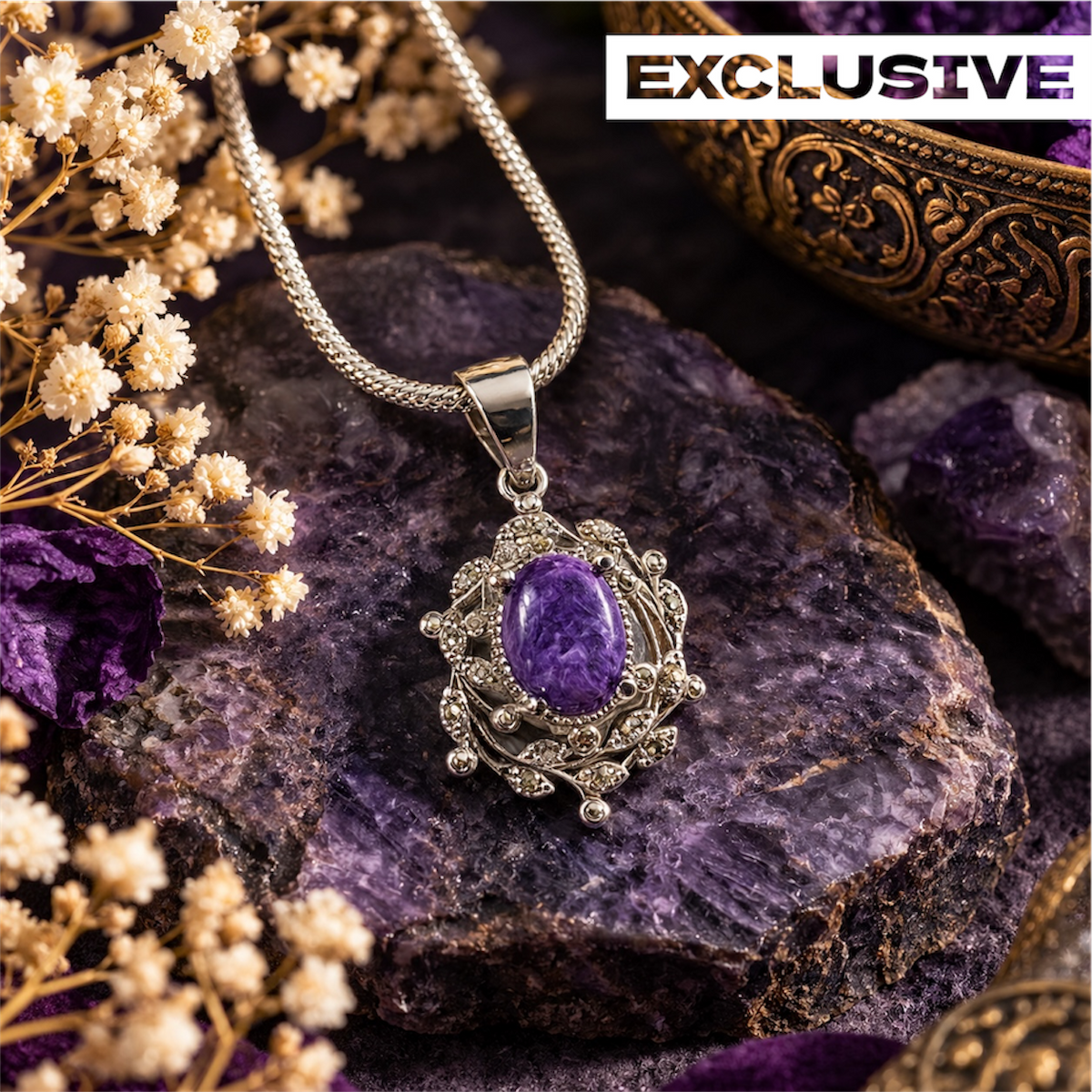 Charoite Pendant - Natural Stone & Ad Anti tarnish | Intuition