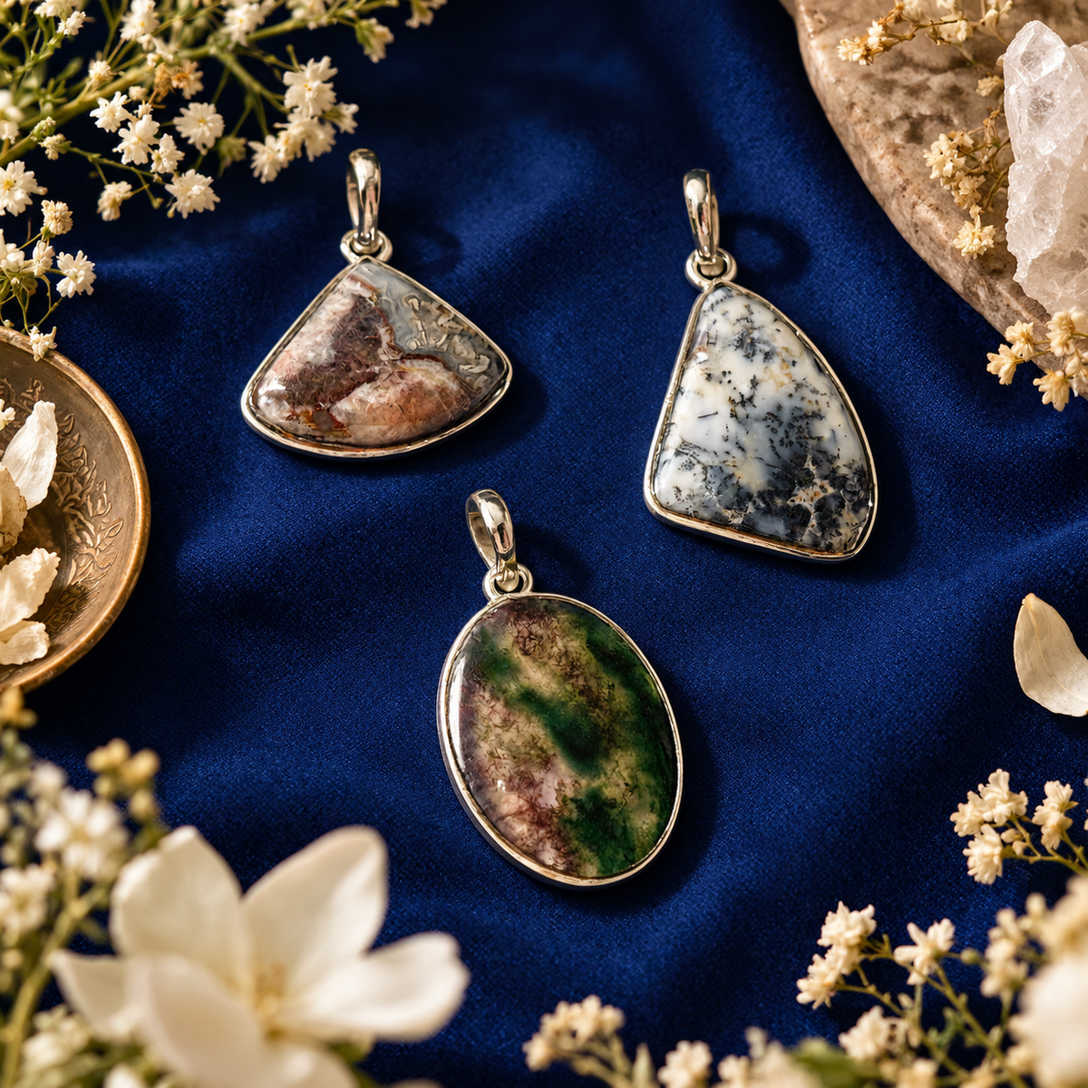 Crystals Pendant Combo 04 - Rare Natural Stones Silver Plated (3 pcs)