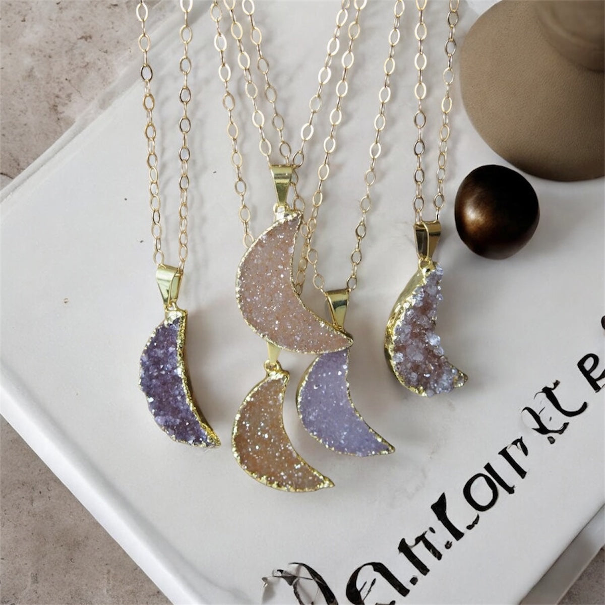 New Moon Pendant - Druzy Agate Stone | Gold Plated