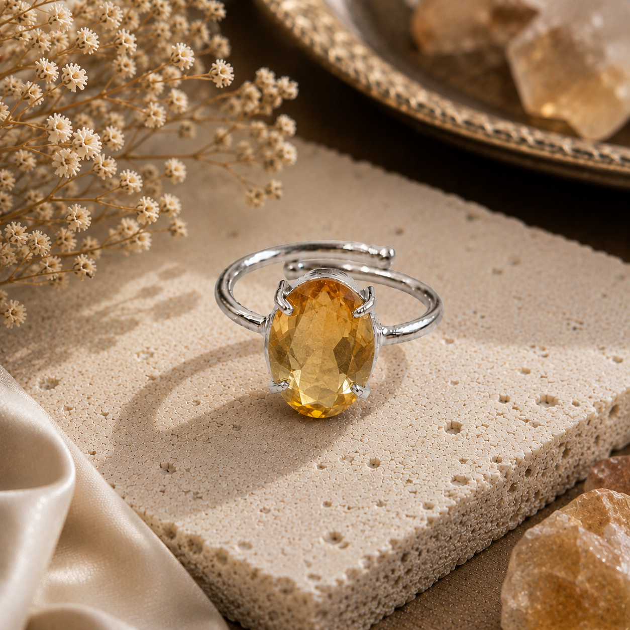 Citrine Ring – Faceted Natural Stone Silver Plated Adjustable | Fortuna