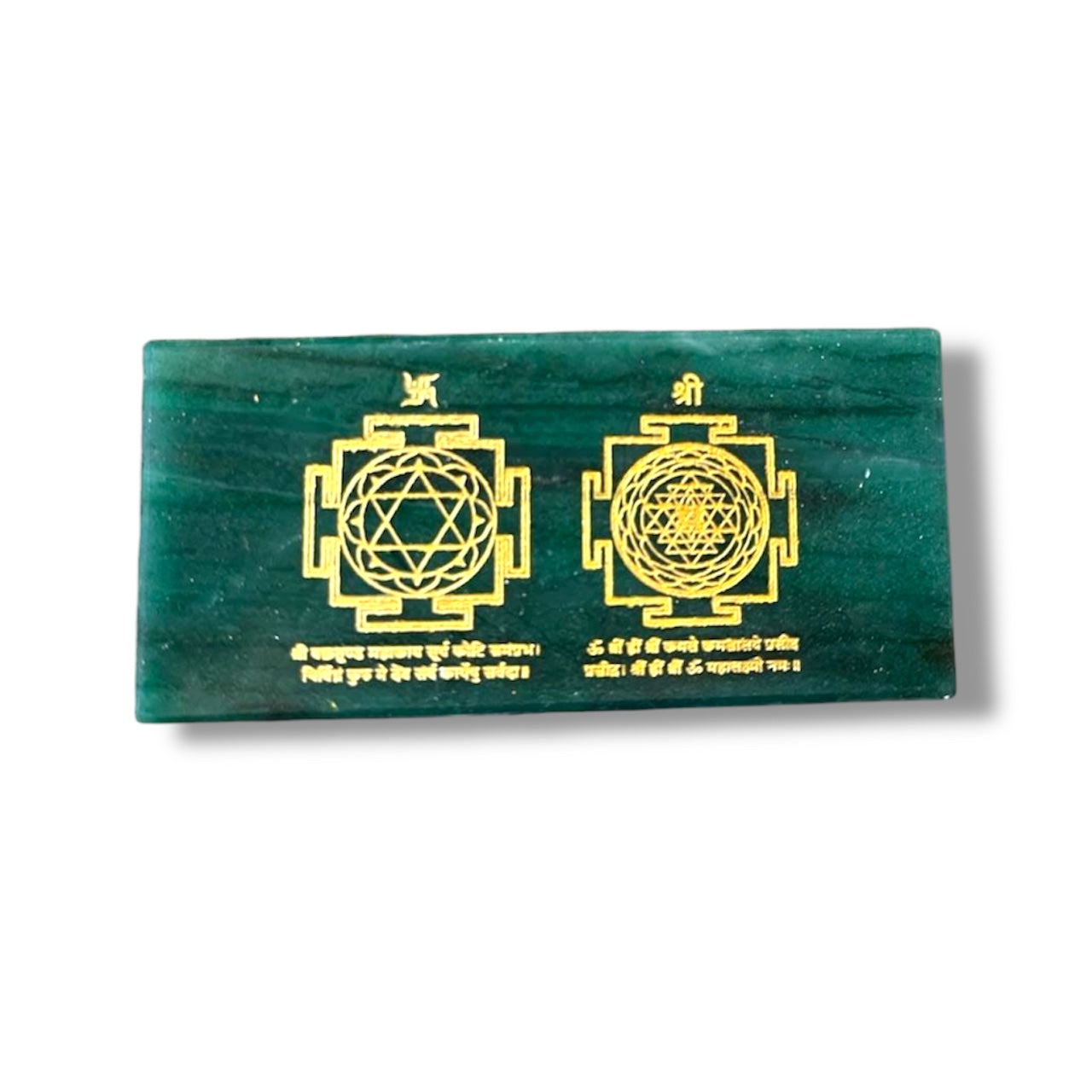 Green Jade Plate with Lakshmi Ganesh & Shree Yantra Artwork – Natural Crystal Slab | Spiritual Home Decor