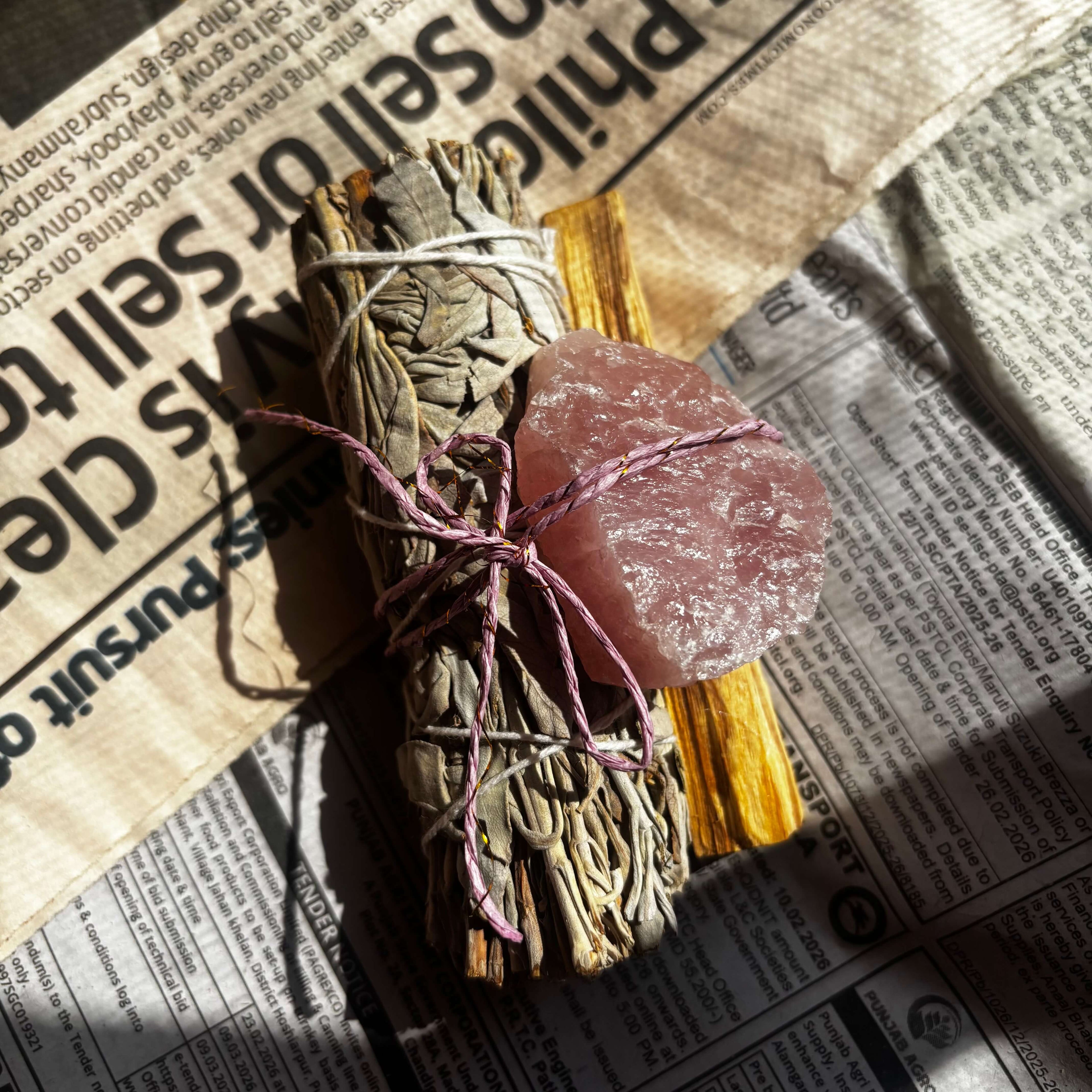 Holy Energy Cleansing Bundle - California White Sage, Rose Quartz & Palo Santo Holy Wood | Believed to Support Love, Emotional Warmth & Compassion
