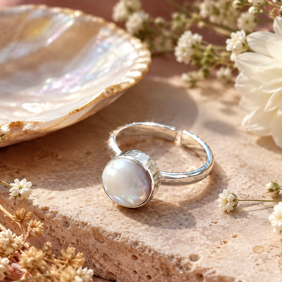 Mother Pearl Ring - Raw Natural Pearl Silver Plated Adjustable Size (5 pcs)