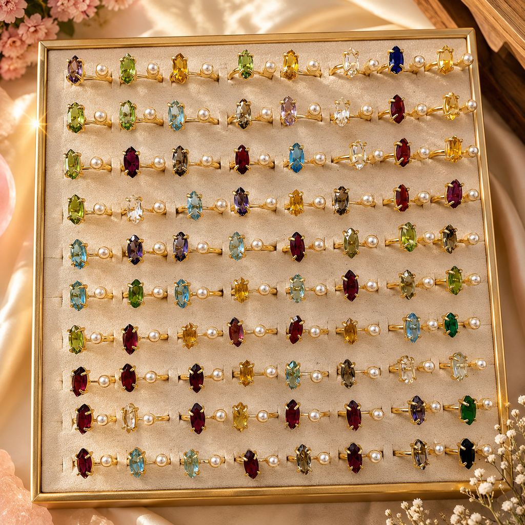 Crystals Ring - Natural Stone & Pearl Adjustable | Mix Exclusive Gold Plated Rocío
