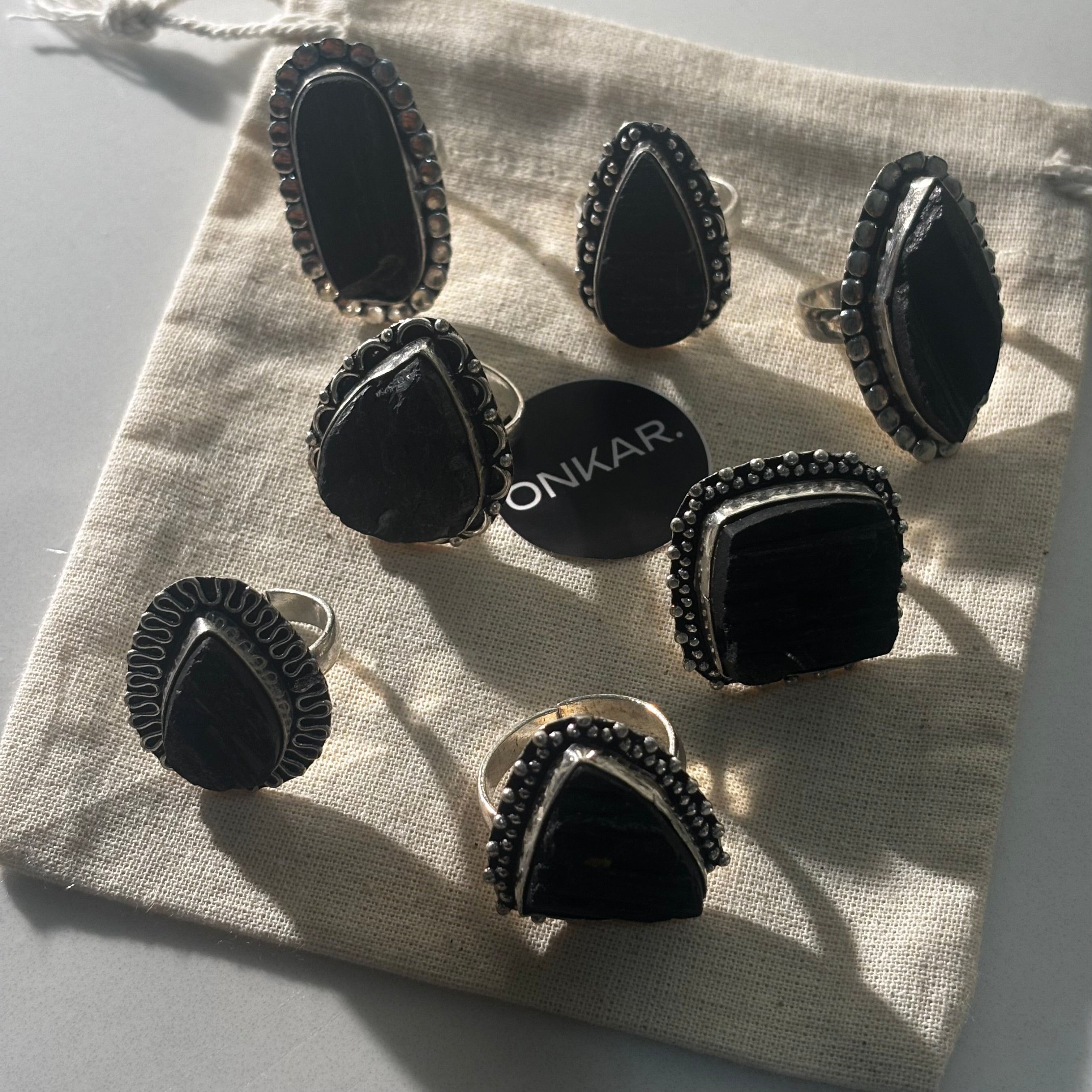 Black Tourmaline Ring - Raw Natural Stone German Silver Adjustable Size Mix Assorted (Pack of 7)
