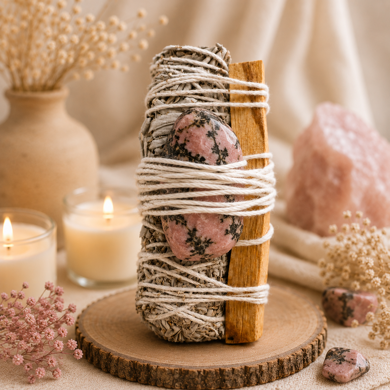 Sage + Rhodonite Stone 
+ Palosanto Smudge Bundle