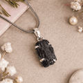 Black Tourmaline Pendant - Raw Natural Stone Silver Plated | Emblem of Protection