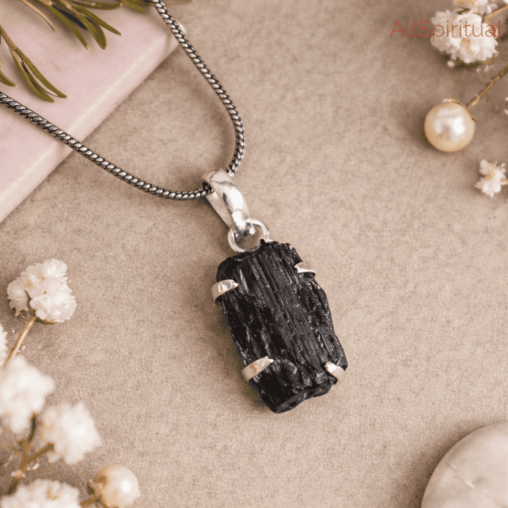 Black Tourmaline Pendant - Raw Natural Stone Silver Plated | Emblem of Protection