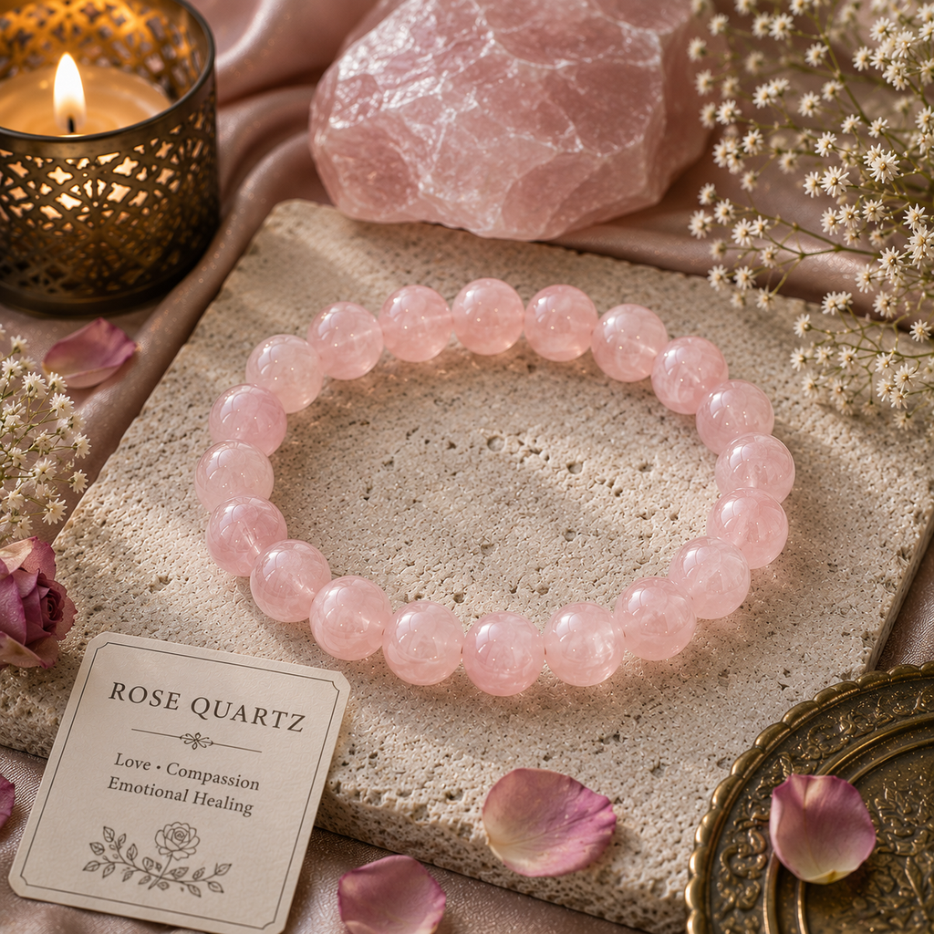 Rose Quartz Crystal Bracelet - Original Round | Traditionally Known as the Stone of Love & Inner Peace