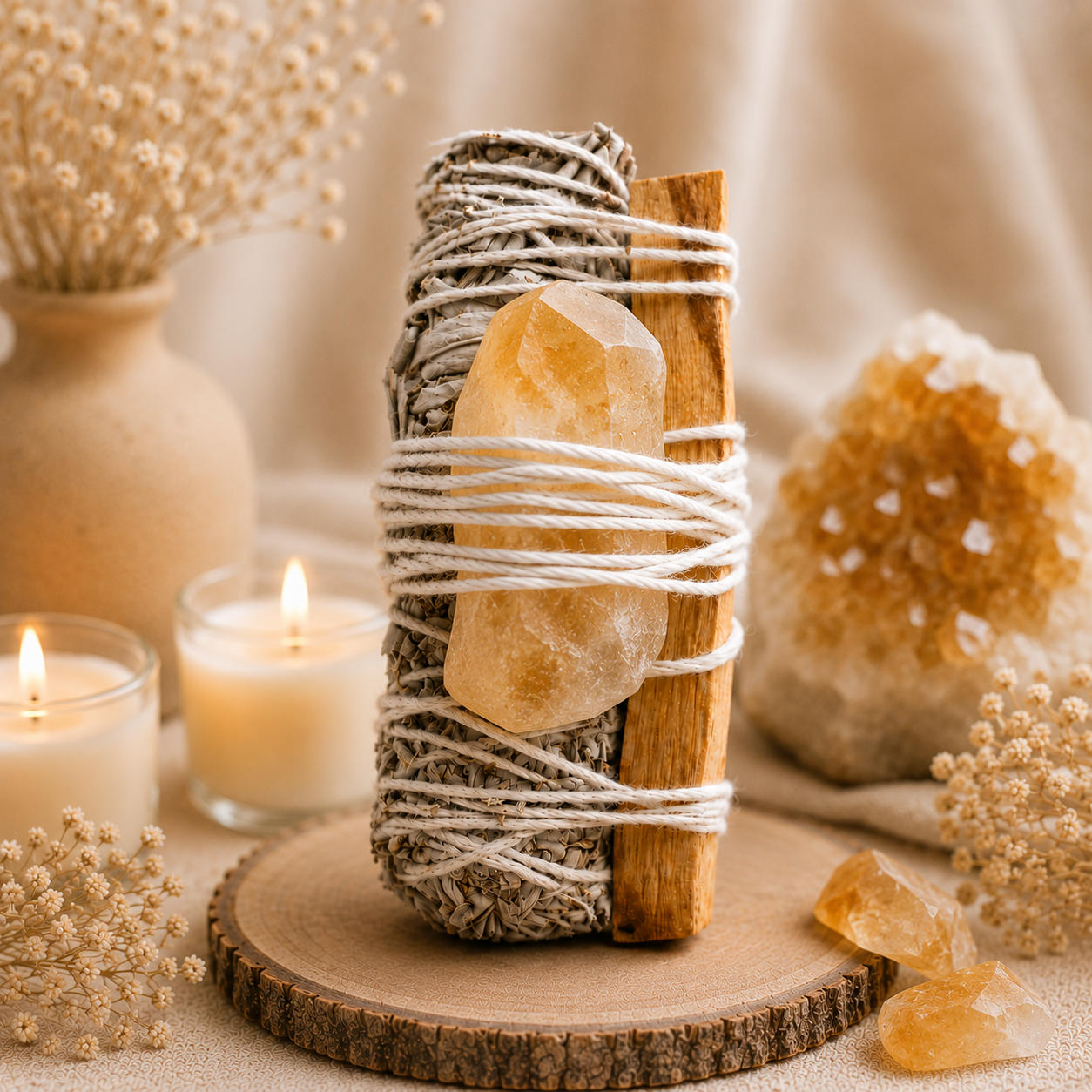 Sage + Citrine Stone 
+ Palosanto Smudge Bundle