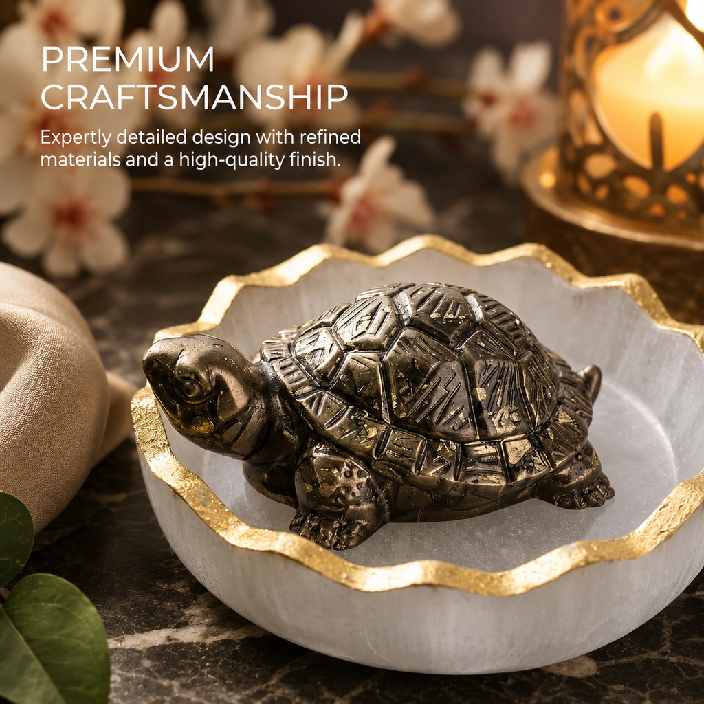 Pyrite Orgonite Tortoise With Selenite Orgonite Bowl | Vastu Inspired Home Decor & Housewarming Gift
