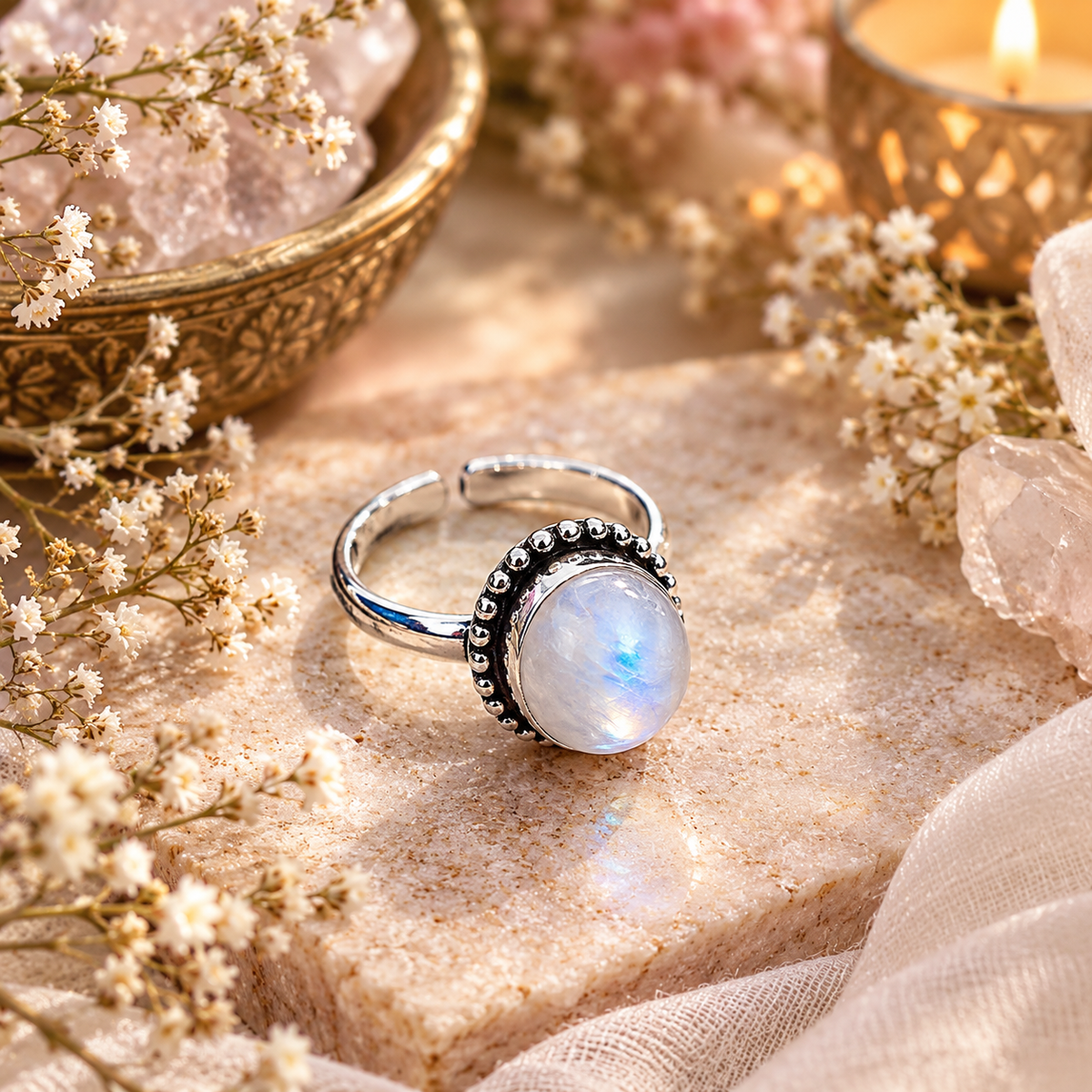 Moonstone Ring - Natural Cabochon Stone Silver Plated Adjustable Size (5 pcs)