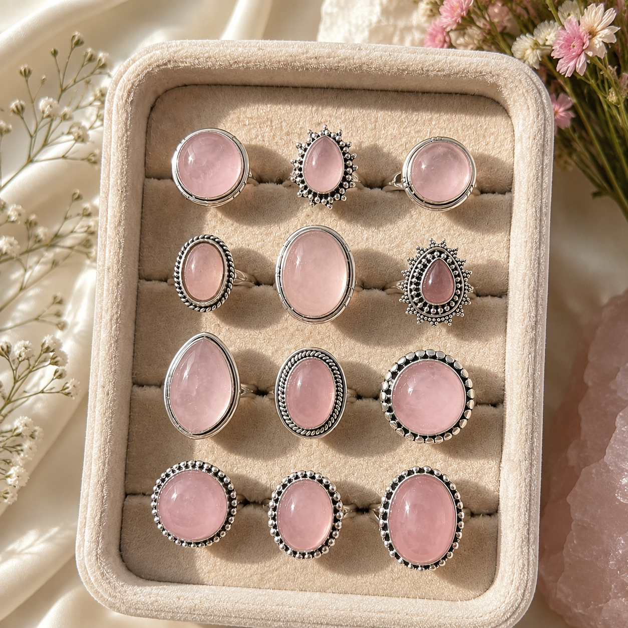 Crystals Ring - Assorted Shape & Design Natural Stone Adjustable | RoseQuartz Exclusive Silver Plated Alora