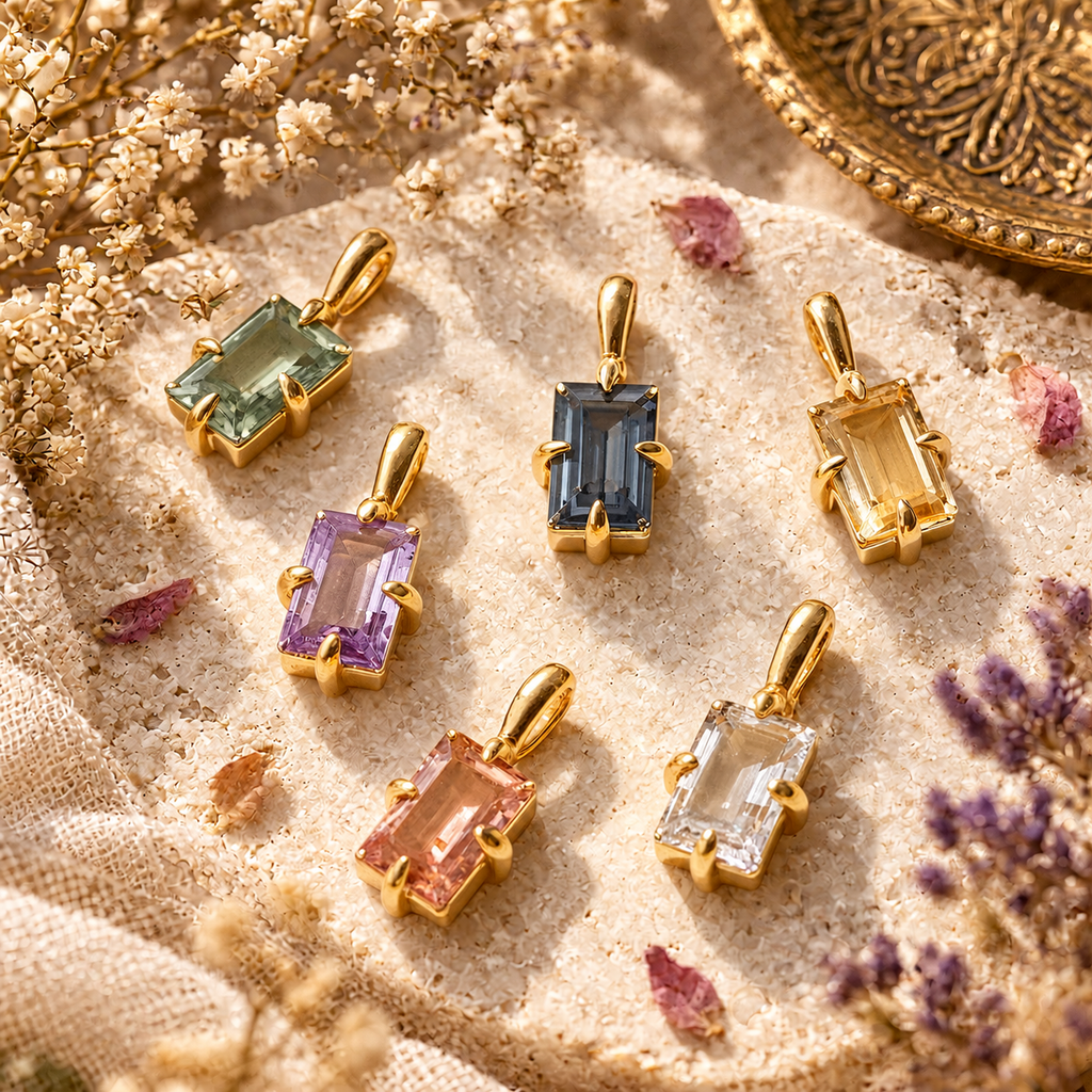 Assorted Crystals Pendant – Rectangle Shape Faceted Stone Silver Plated | Raíz