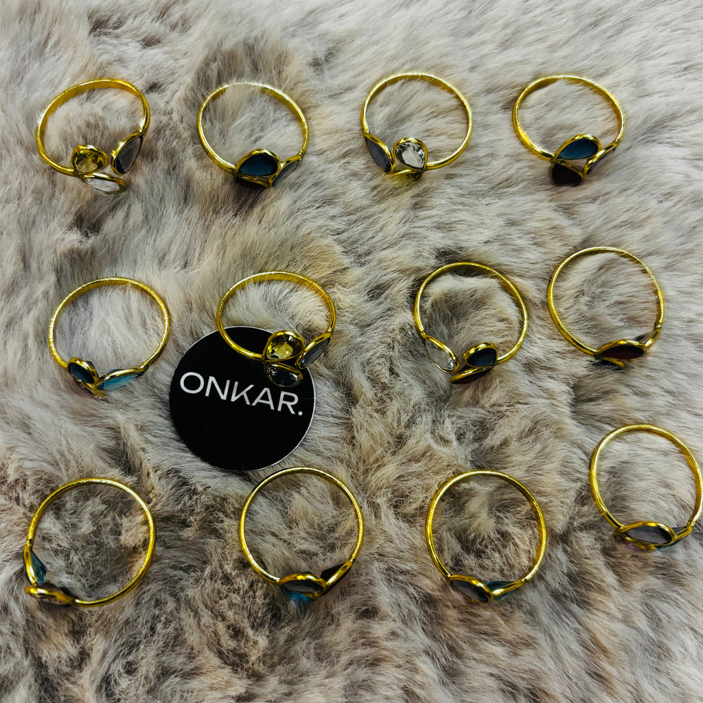 Floral Trio Stone Ring - Minimal Stone Brass Goldplated Adjustable Size Mix Assorted (Pack of 12)