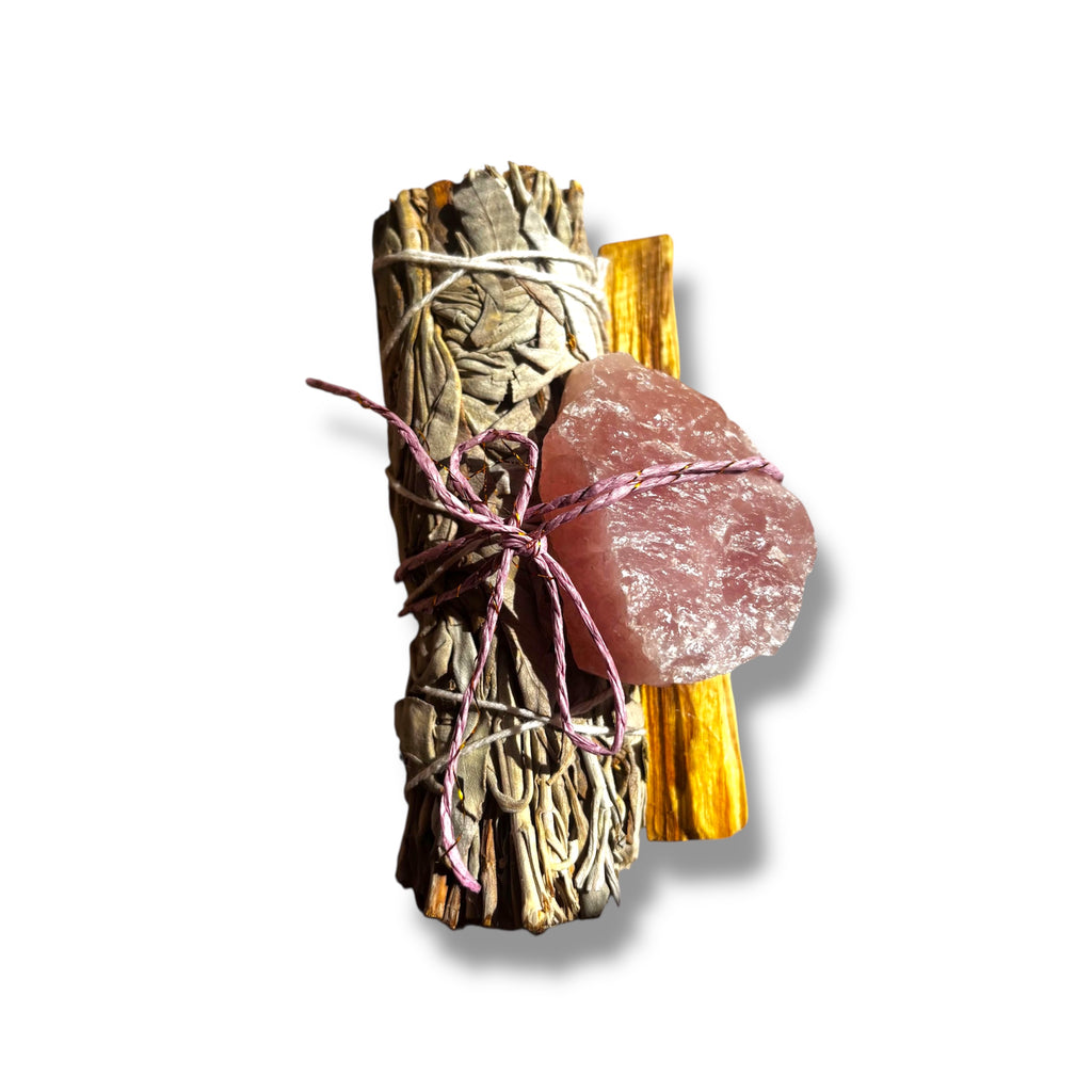 Holy Energy Cleansing Bundle - California White Sage, Rose Quartz & Palo Santo Holy Wood | Believed to Support Love, Emotional Warmth & Compassion