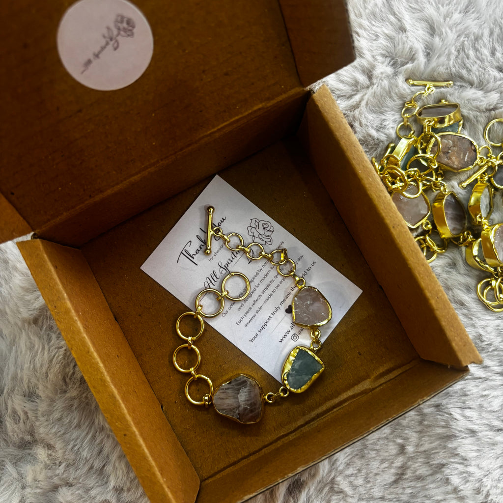 Gemstone Bracelet - Raw Natural Trio Stone Brass Goldplated Adjustable Size (Pack of 7)