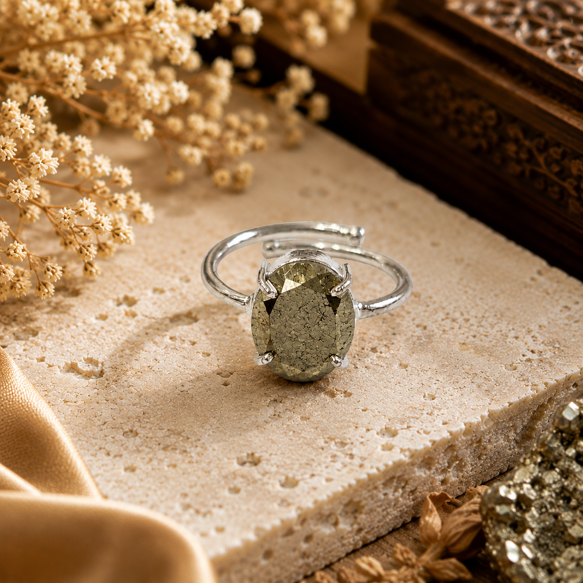 Pyrite Ring – Faceted Natural Stone Silver Plated Adjustable | Fortuna
