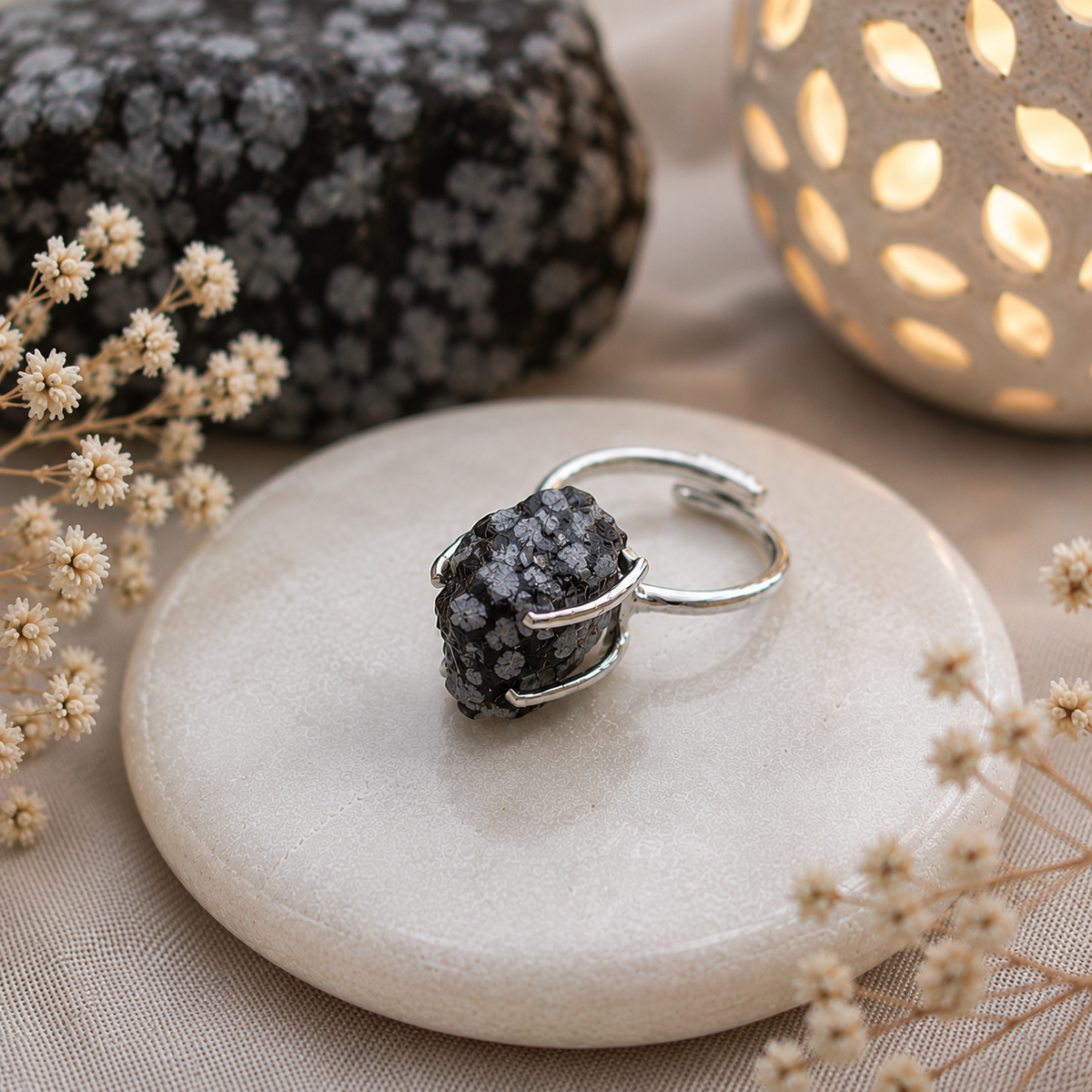 Snowflake Obsidian Ring - Raw Natural Stone Silver Plated Adjustable | Elegancia