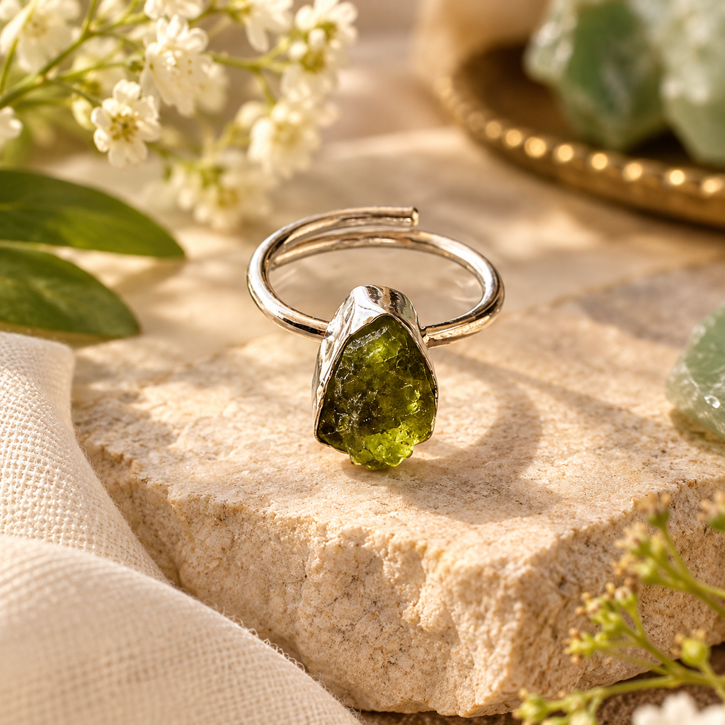 Peridot Ring - Raw Natural Stone Silver Plated Adjustable Size (5 pcs)